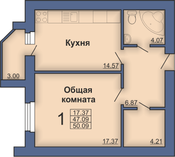 Однокомнатная квартира, 50м² (Полтава, пл. Павленковская, 3б)
