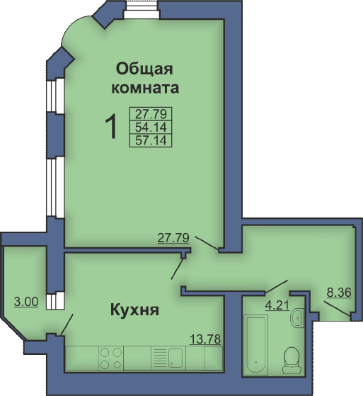 Однокомнатная квартира, 57м² (Полтава, ул. Старый Подол, 18)