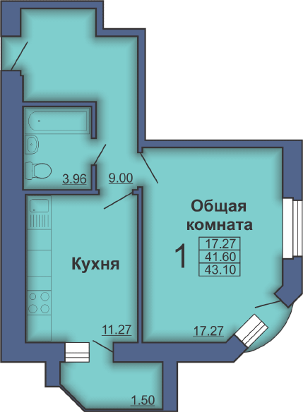 Однокомнатная квартира, 43м² (Полтава, пл. Павленковская, 3а)