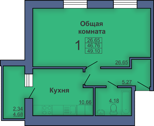 Однокомнатная квартира, 49м² (Полтава, ул. Маяковского, 3)