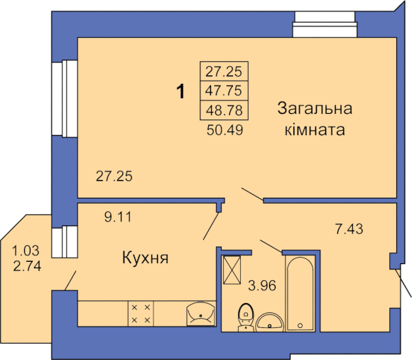 Однокомнатная квартира, 43м² (Полтава, пл. Павленковская, 3в)
