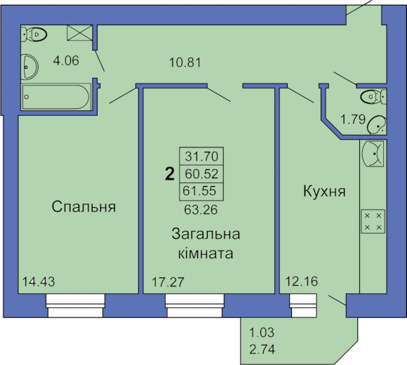 Двухкомнатная квартира, 63м² (Полтава, пл. Павленковская, 3в)