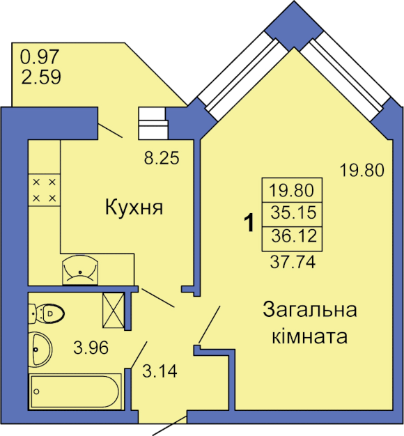 Однокомнатная квартира, 38м² (Полтава, пл. Павленковская, 3в)
