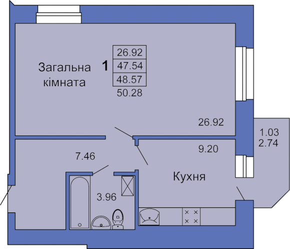 Однокомнатная квартира, 50м² (Полтава, пл. Павленковская, 3в)