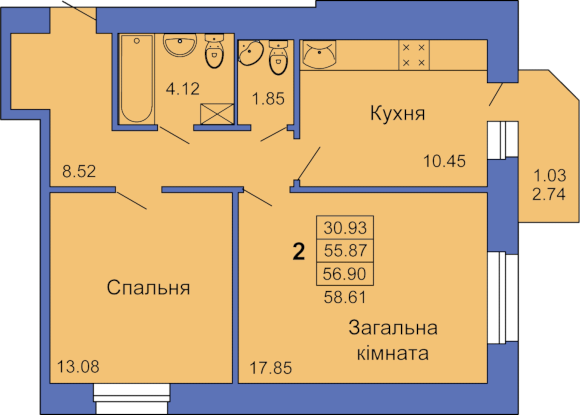 Двухкомнатная квартира, 59м² (Полтава, пл. Павленковская, 3в)
