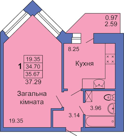 Однокомнатная квартира, 37м² (Полтава, пл. Павленковская, 3в)