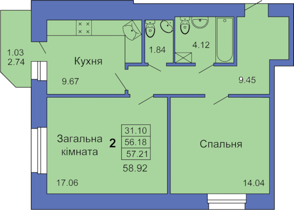 Двухкомнатная квартира, 59м² (Полтава, пл. Павленковская, 3в)