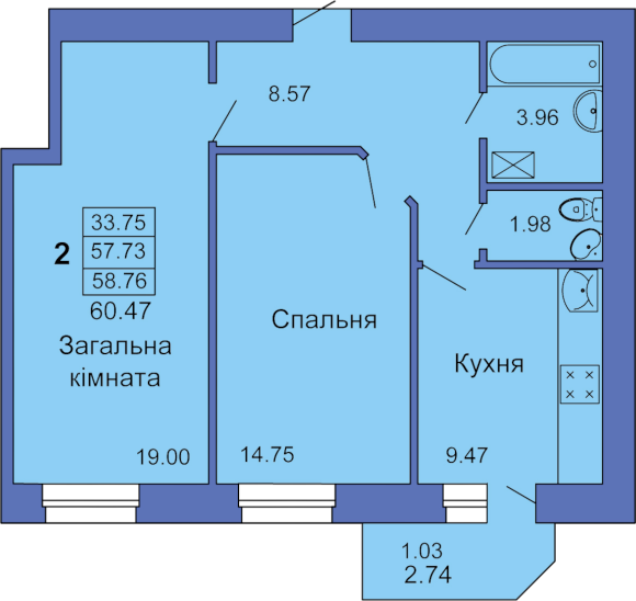Двухкомнатная квартира, 60м² (Полтава, пл. Павленковская, 3в)