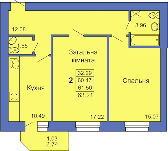 Двухкомнатная квартира, 63м² (Полтава, пл. Павленковская, 3в)