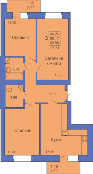 Трехкомнатная квартира, 87м² (Полтава, пл. Павленковская, 3в)
