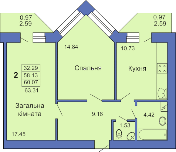 Двухкомнатная квартира, 63м² (Полтава, пл. Павленковская, 3в)