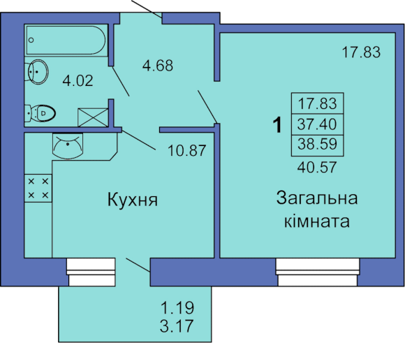Однокомнатная квартира, 41м² (Полтава, пл. Павленковская, 3в)